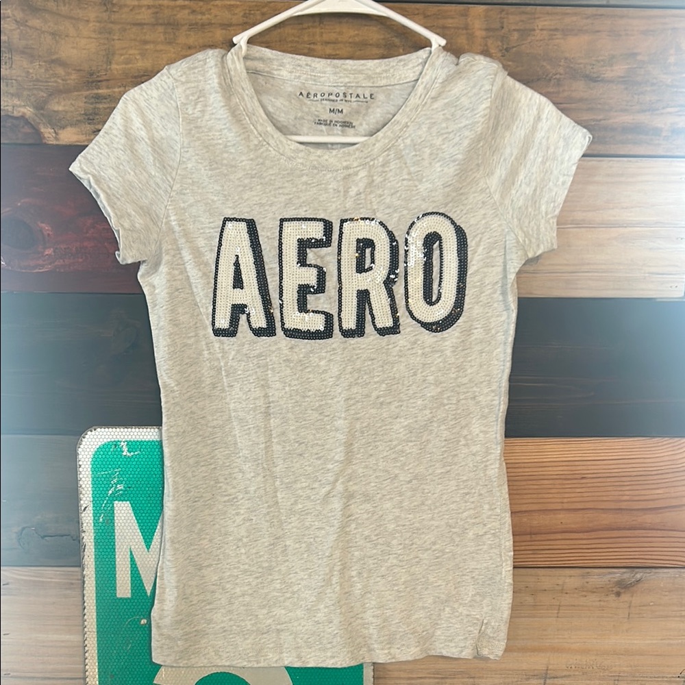 Aeropostale Gray T-Shirt with Black and Silver Sequined Lettering